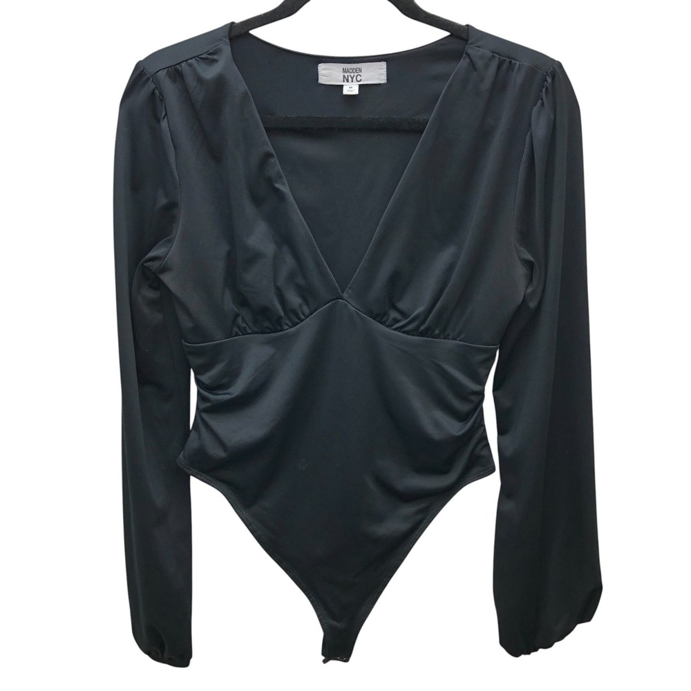 Madden NYC Bodysuit‎ Womens Medium Black Long Sleeve Deep V Neck Snap Ruched Top